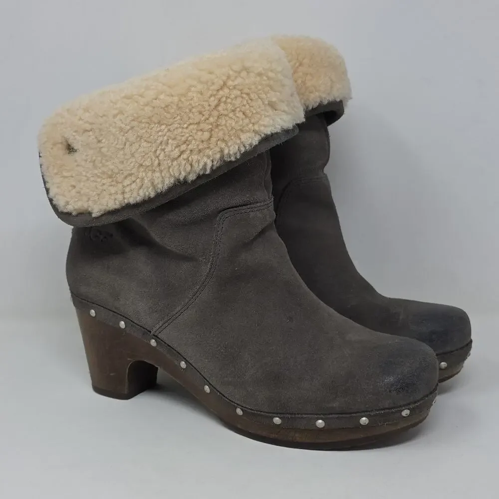 UGG Lynnea Fold Over Brown Leather Shearling Cuff Clog Boot 3204 Size 7